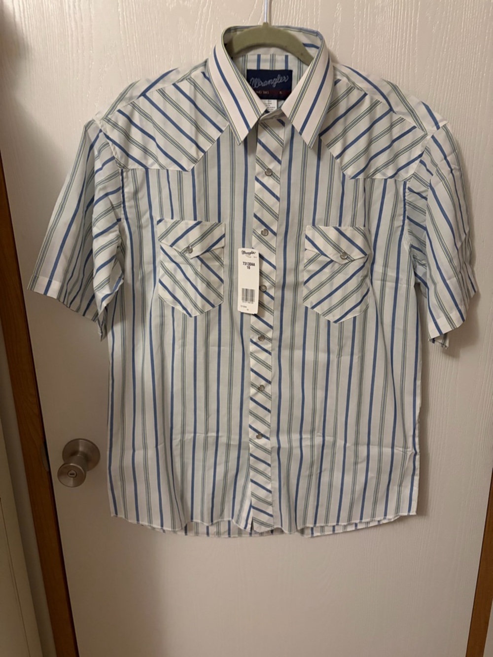 Wrangler Short Sleeve Mens Western Striped Pearl Snap Button-Up Shirt SZ 16(L)